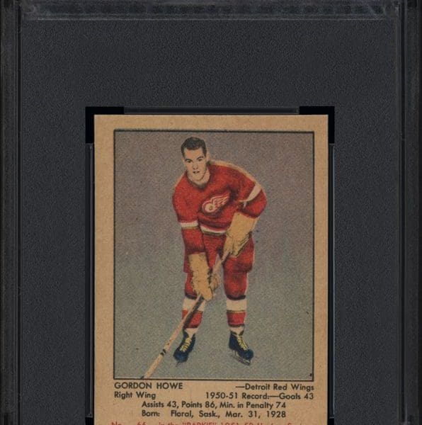A 1951 Parkhurst Gordie Howe rookie trading card,rated a PSA 8.5, sold for more than $210,000 at a recent auction.